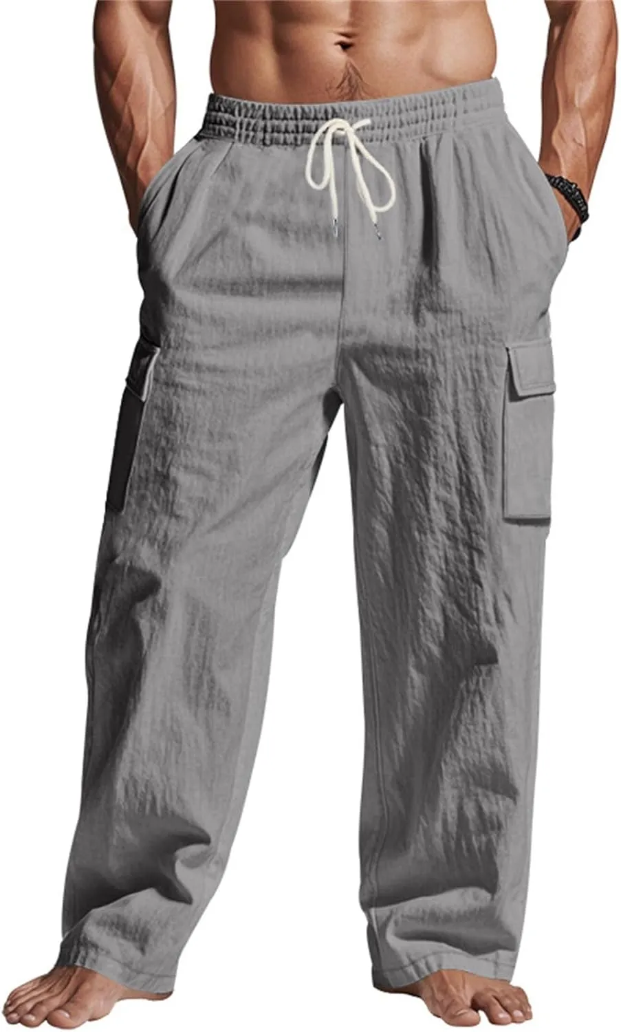 2025 Men's Linen Cargo Pants Multi-Pocket Loose Casual Wide Leg Pants