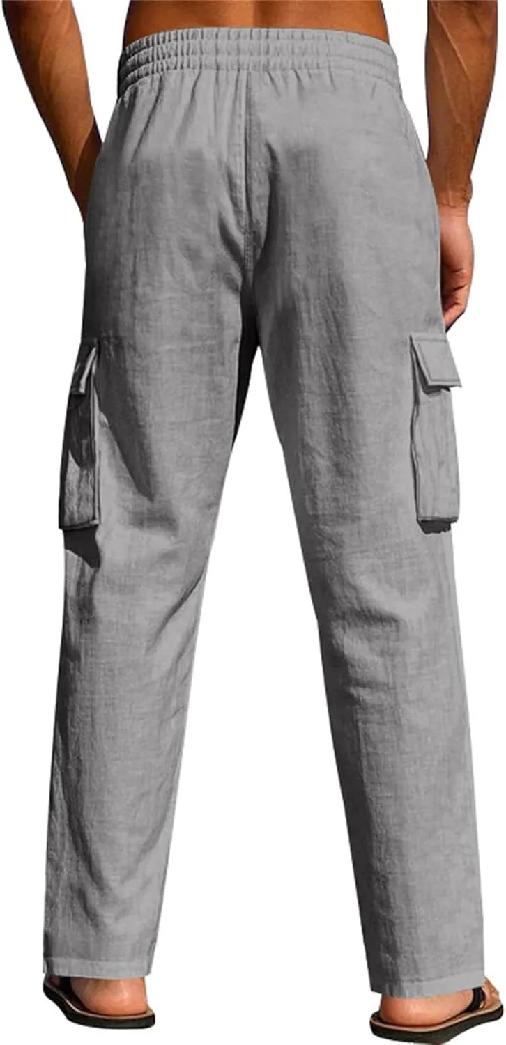 2025 Men's Linen Cargo Pants Multi-Pocket Loose Casual Wide Leg Pants
