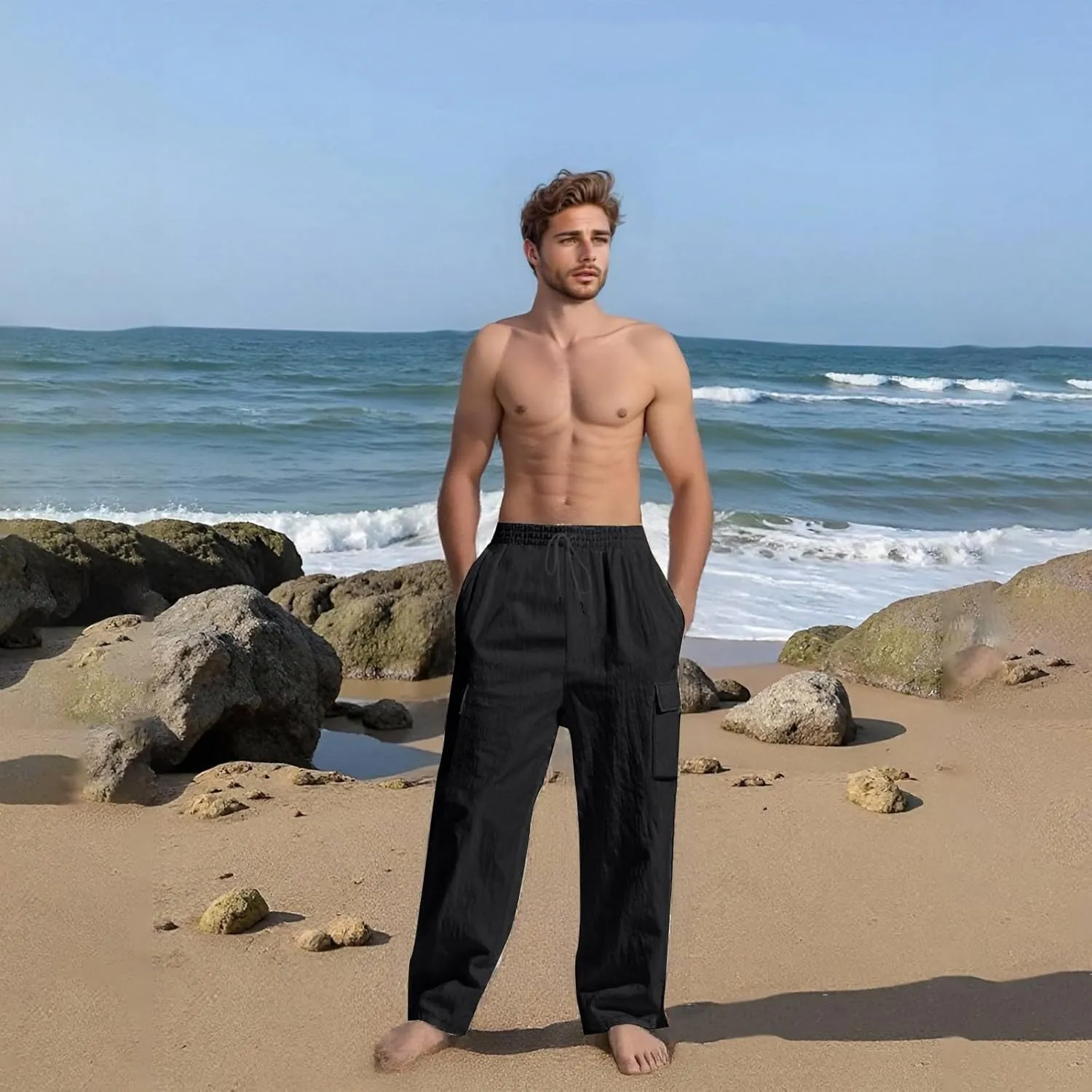 2025 Men's Linen Cargo Pants Multi-Pocket Loose Casual Wide Leg Pants