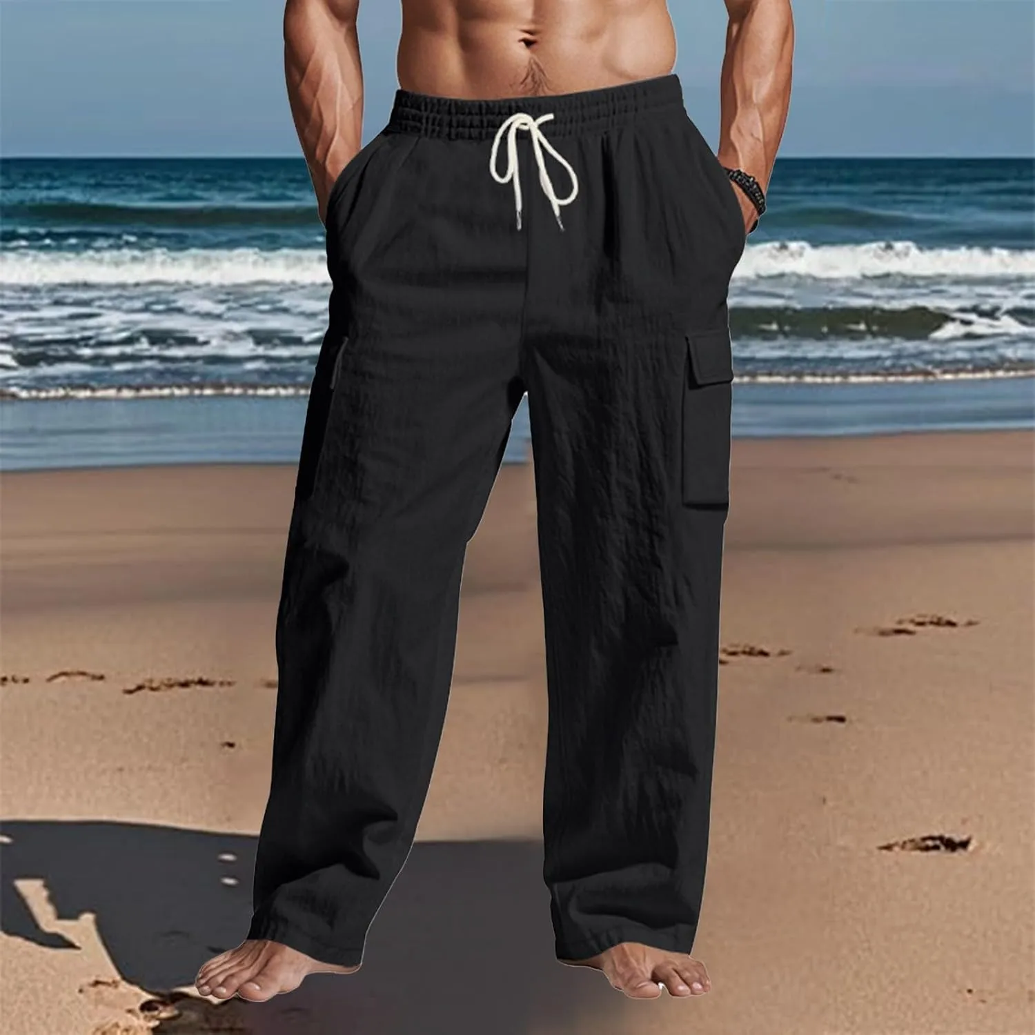 2025 Men's Linen Cargo Pants Multi-Pocket Loose Casual Wide Leg Pants