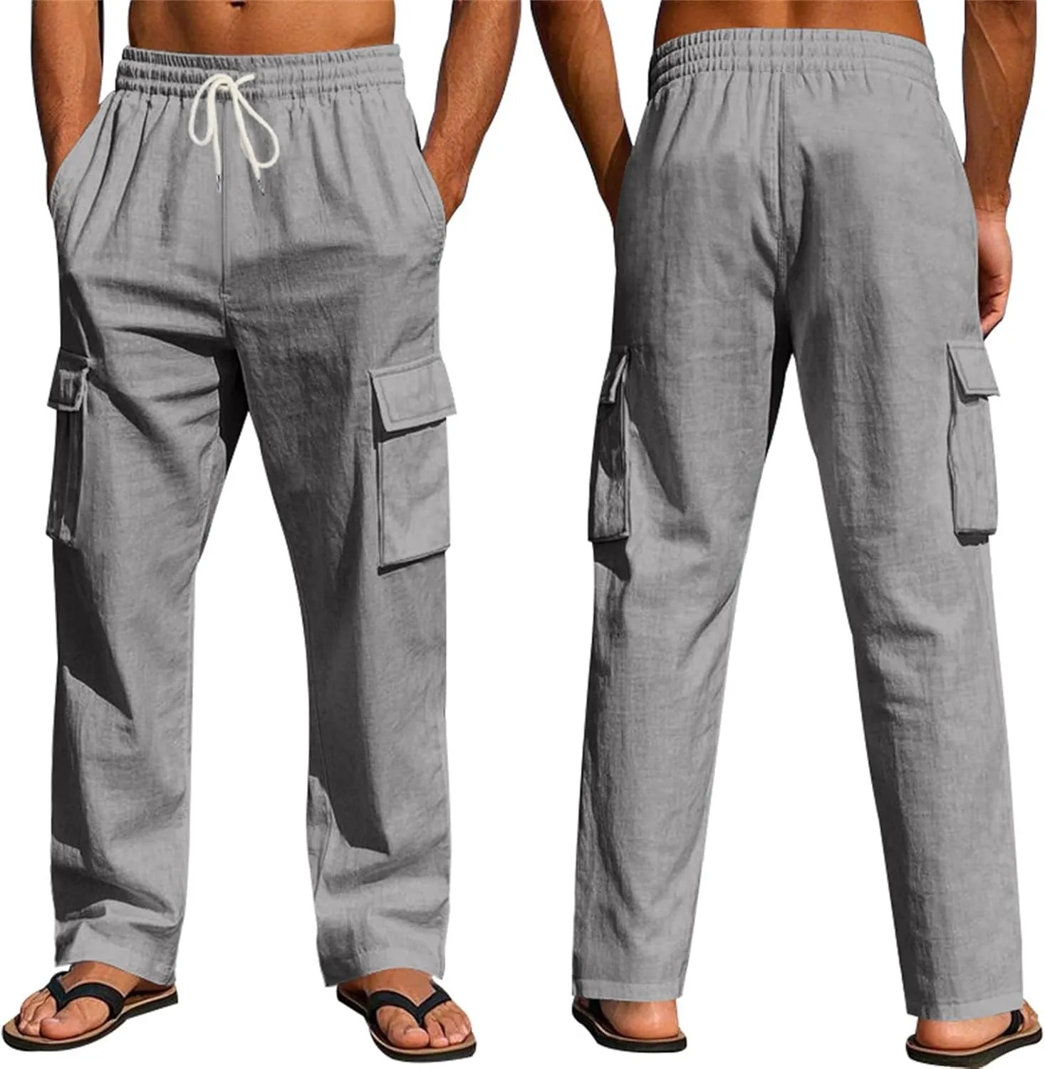 2025 Men's Linen Cargo Pants Multi-Pocket Loose Casual Wide Leg Pants