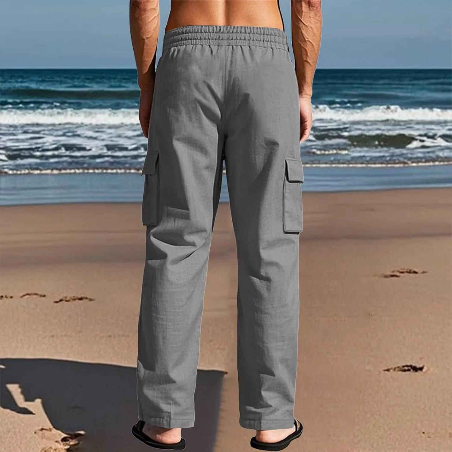 2025 Men's Linen Cargo Pants Multi-Pocket Loose Casual Wide Leg Pants