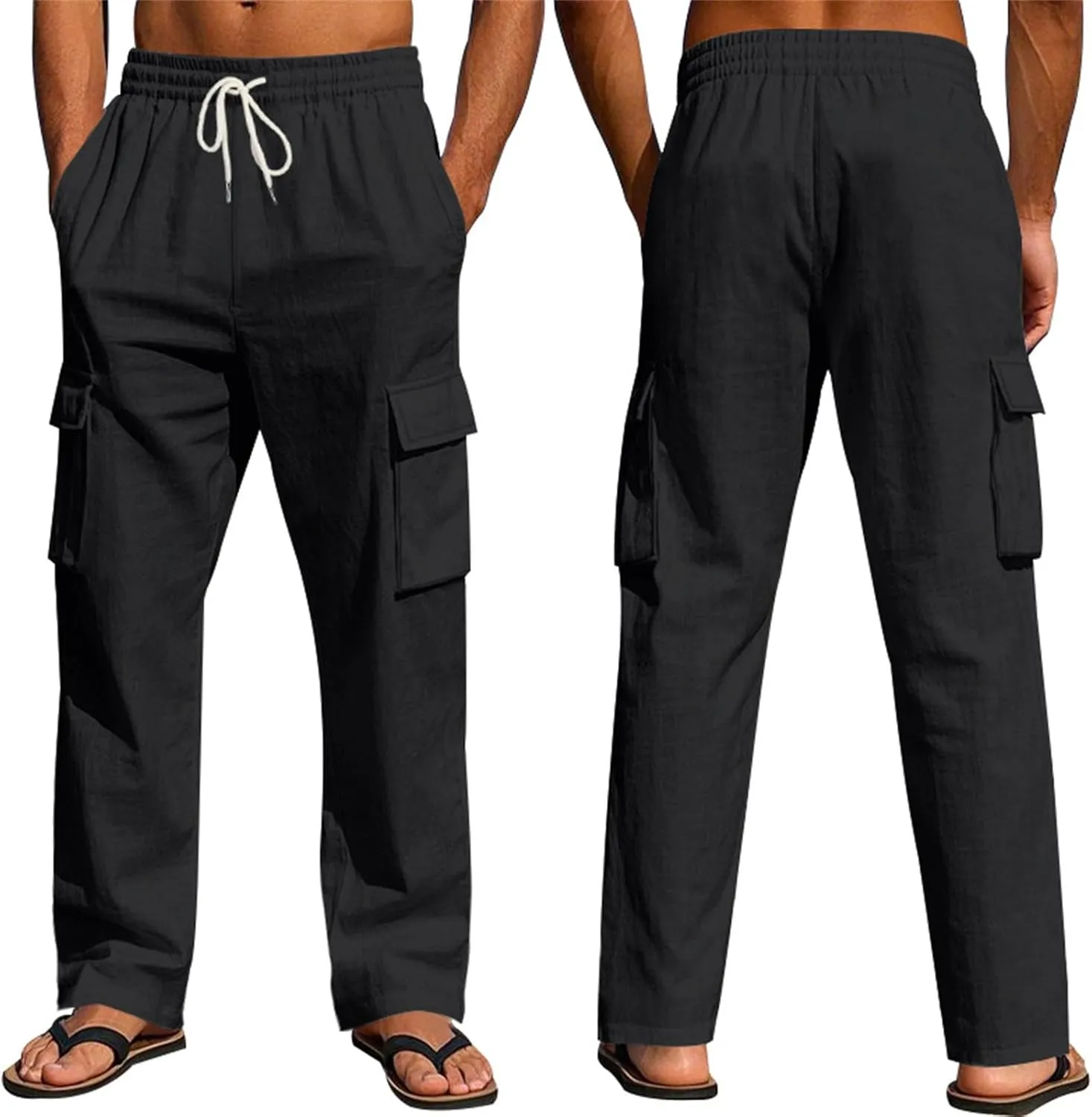 2025 Men's Linen Cargo Pants Multi-Pocket Loose Casual Wide Leg Pants
