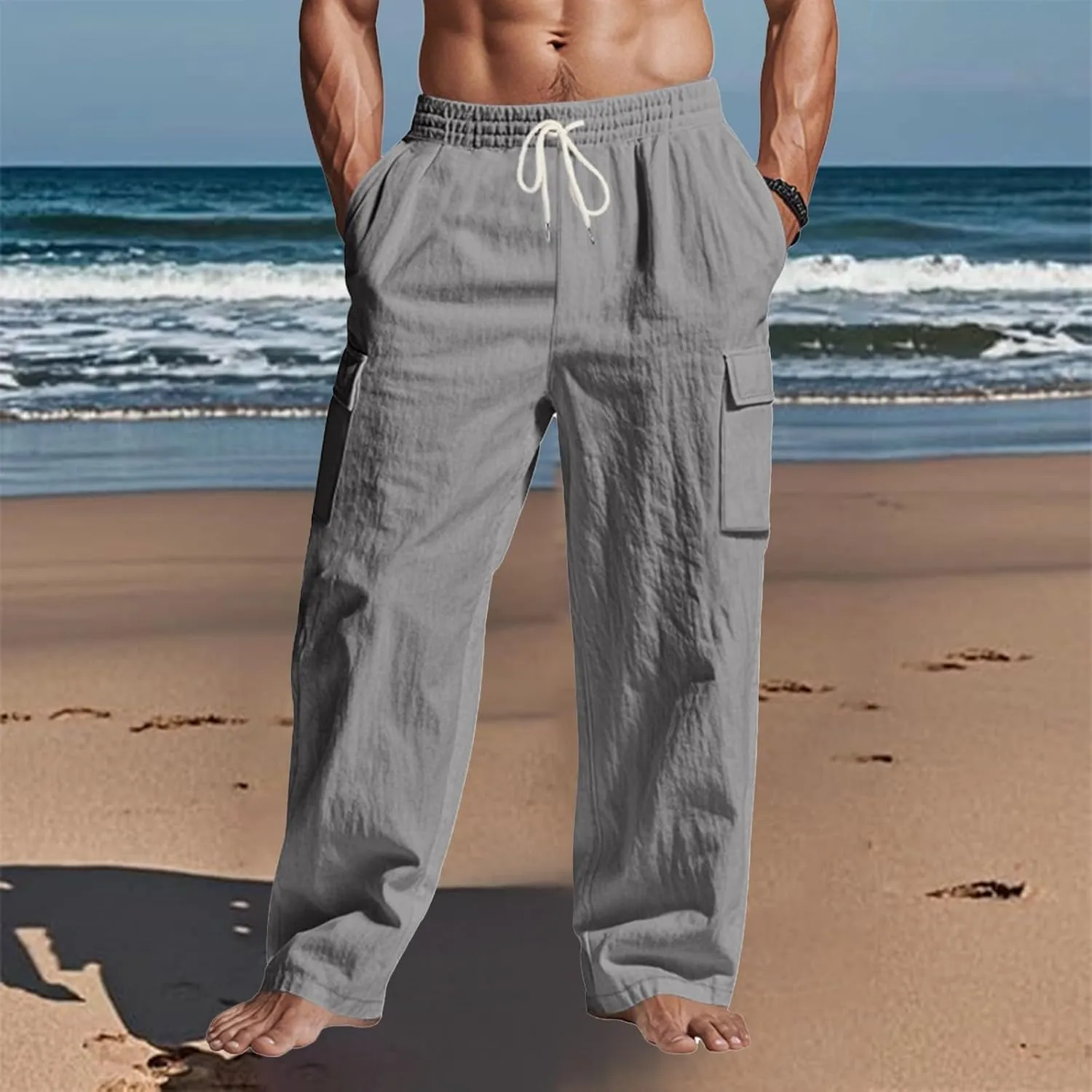 2025 Men's Linen Cargo Pants Multi-Pocket Loose Casual Wide Leg Pants