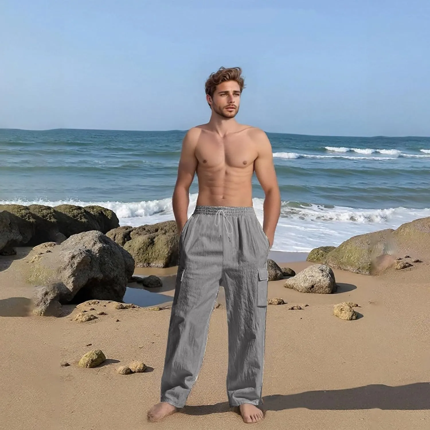 2025 Men's Linen Cargo Pants Multi-Pocket Loose Casual Wide Leg Pants