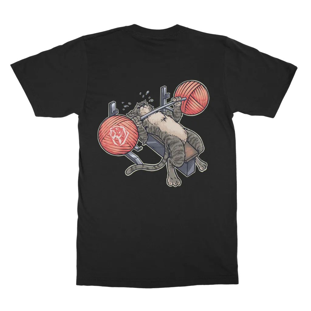 Benchpressing Tabby Cat (Back Print) T-shirt (UK)