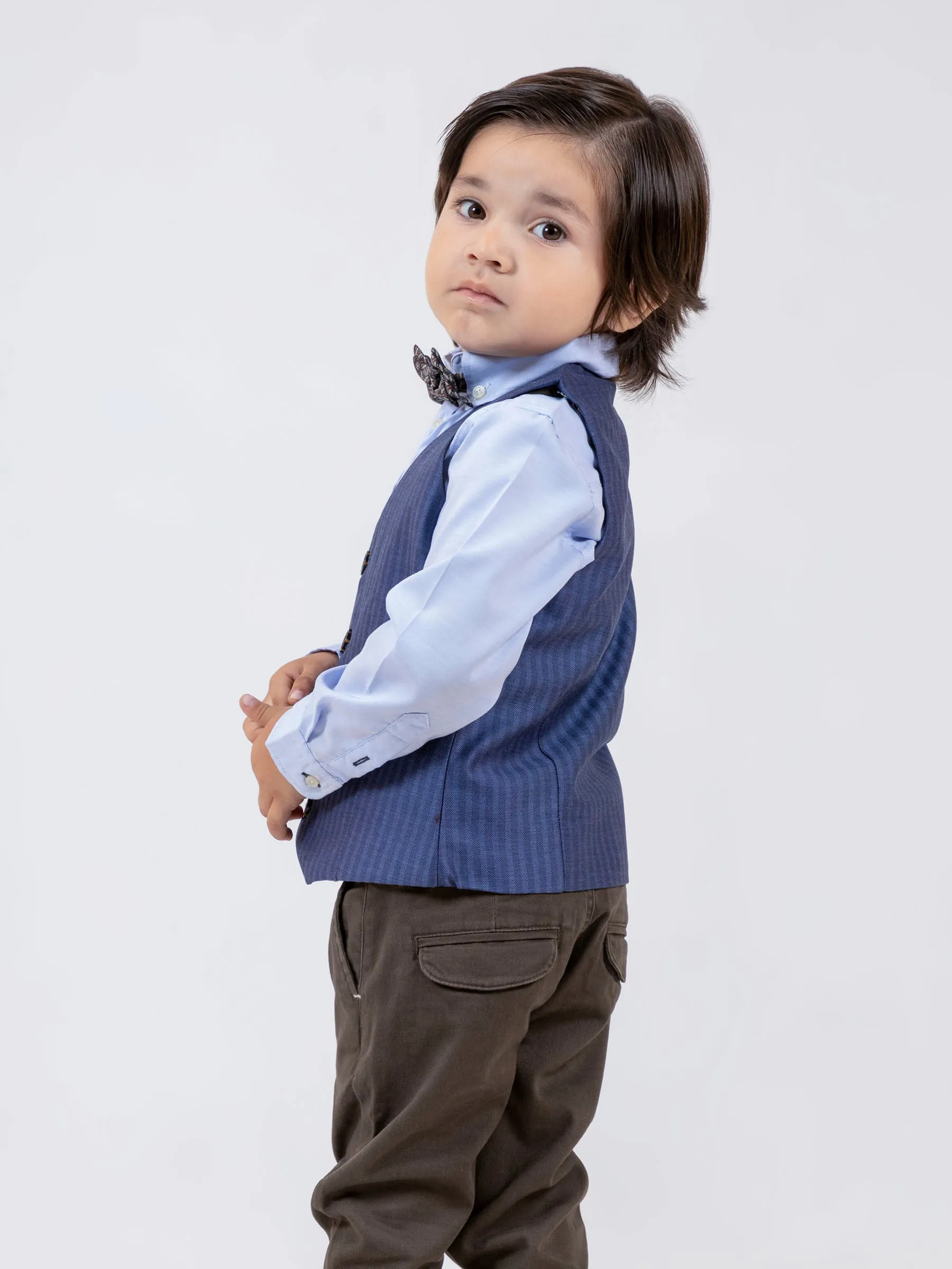 Blue Herringbone Patterned Suit Vest With Bow