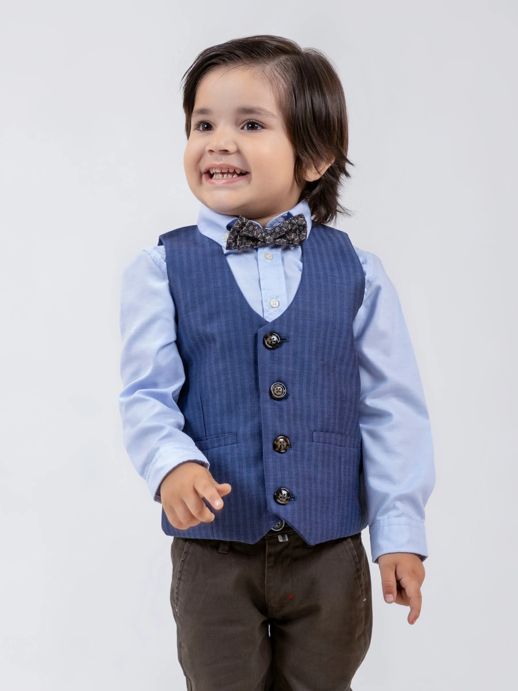 Blue Herringbone Patterned Suit Vest With Bow