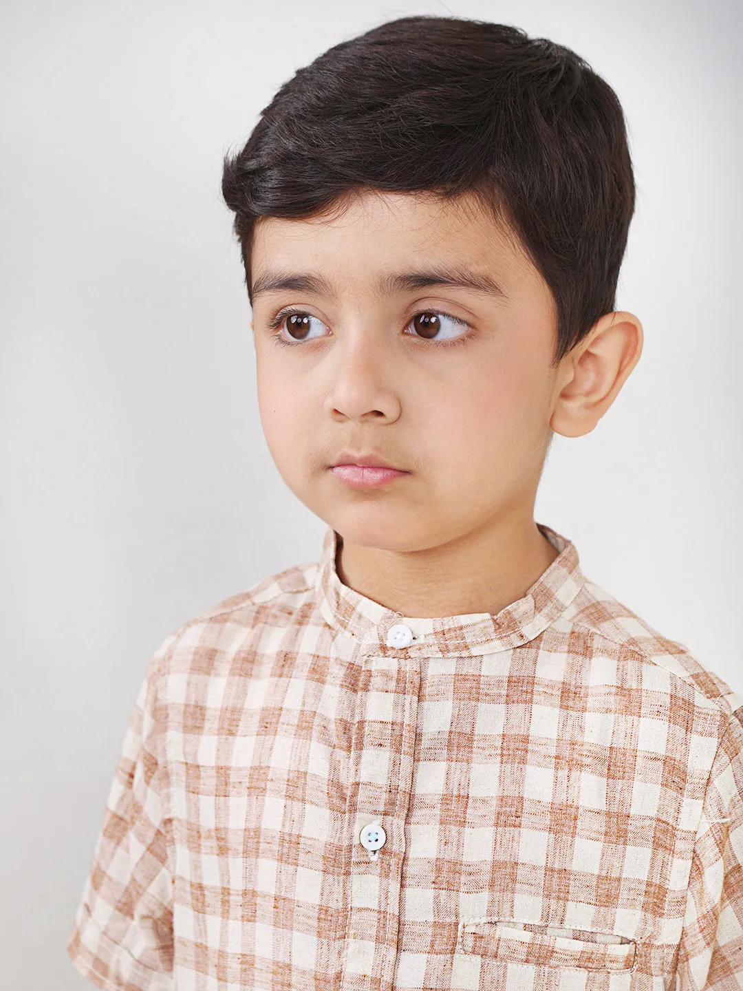 Boys Cotton Half Sleeves Mandarin Collar Shirts (Brown)