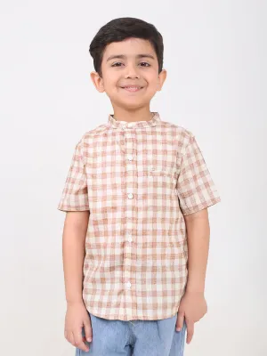 Boys Cotton Half Sleeves Mandarin Collar Shirts (Brown)
