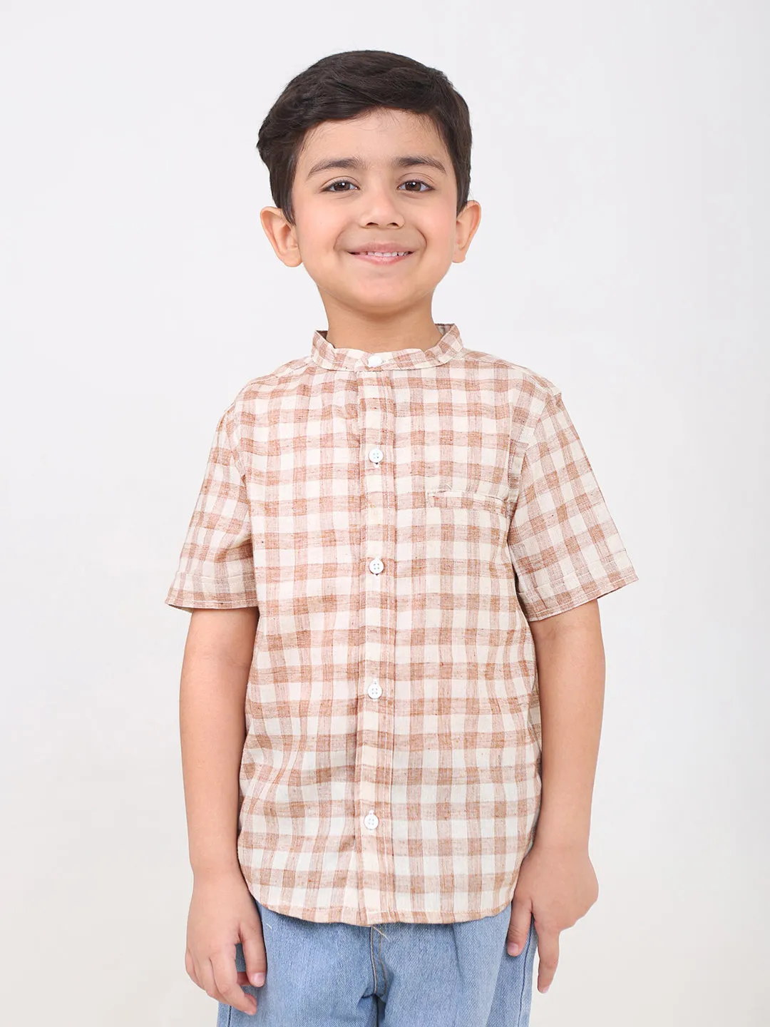 Boys Cotton Half Sleeves Mandarin Collar Shirts (Brown)