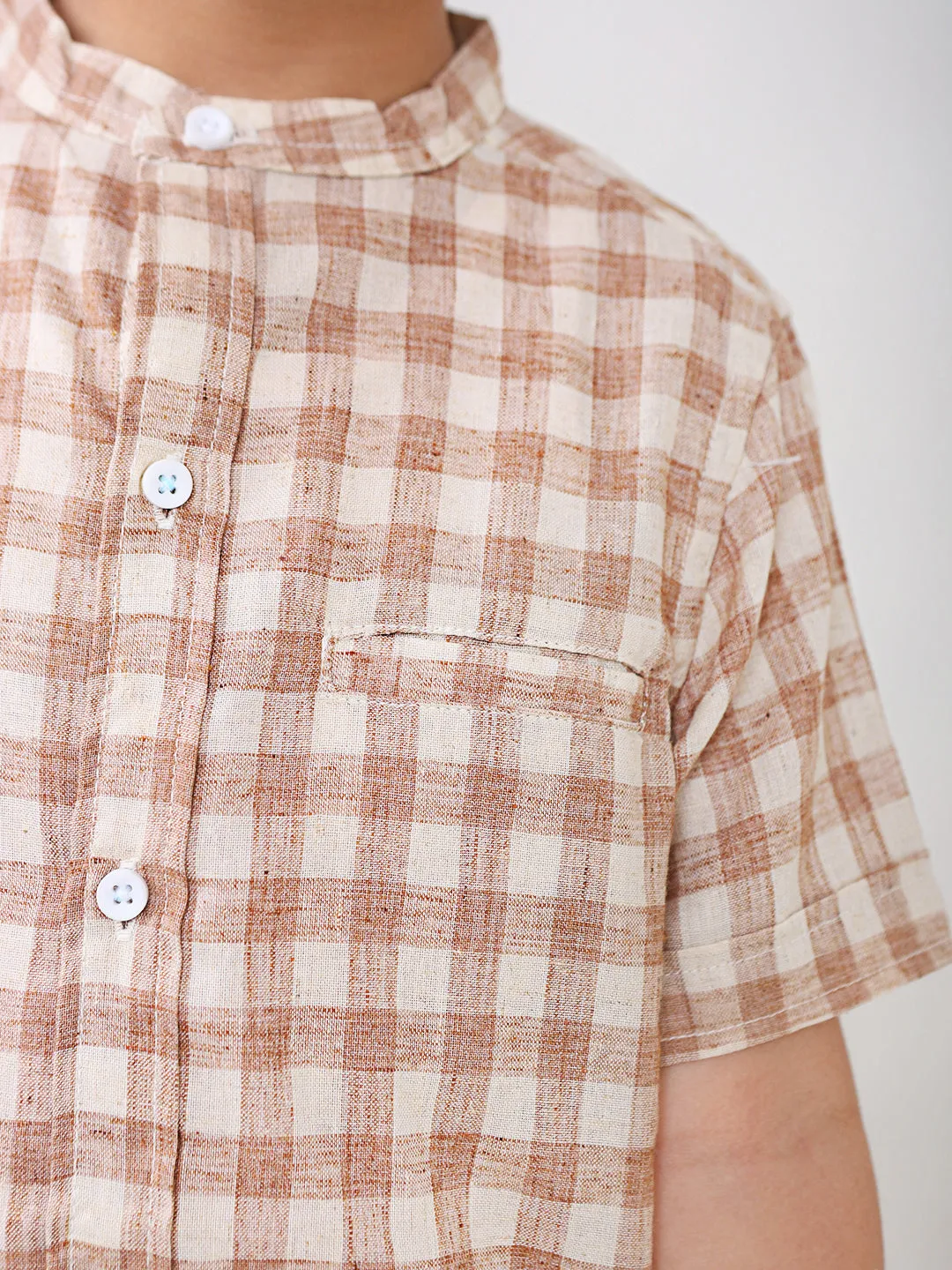 Boys Cotton Half Sleeves Mandarin Collar Shirts (Brown)