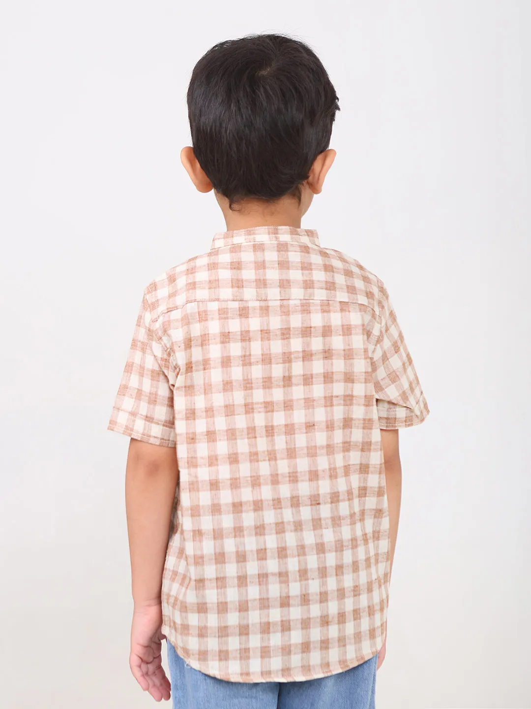 Boys Cotton Half Sleeves Mandarin Collar Shirts (Brown)