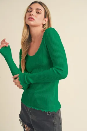Green Lettuce Hem Scoop Neck Long Sleeve Knit Top