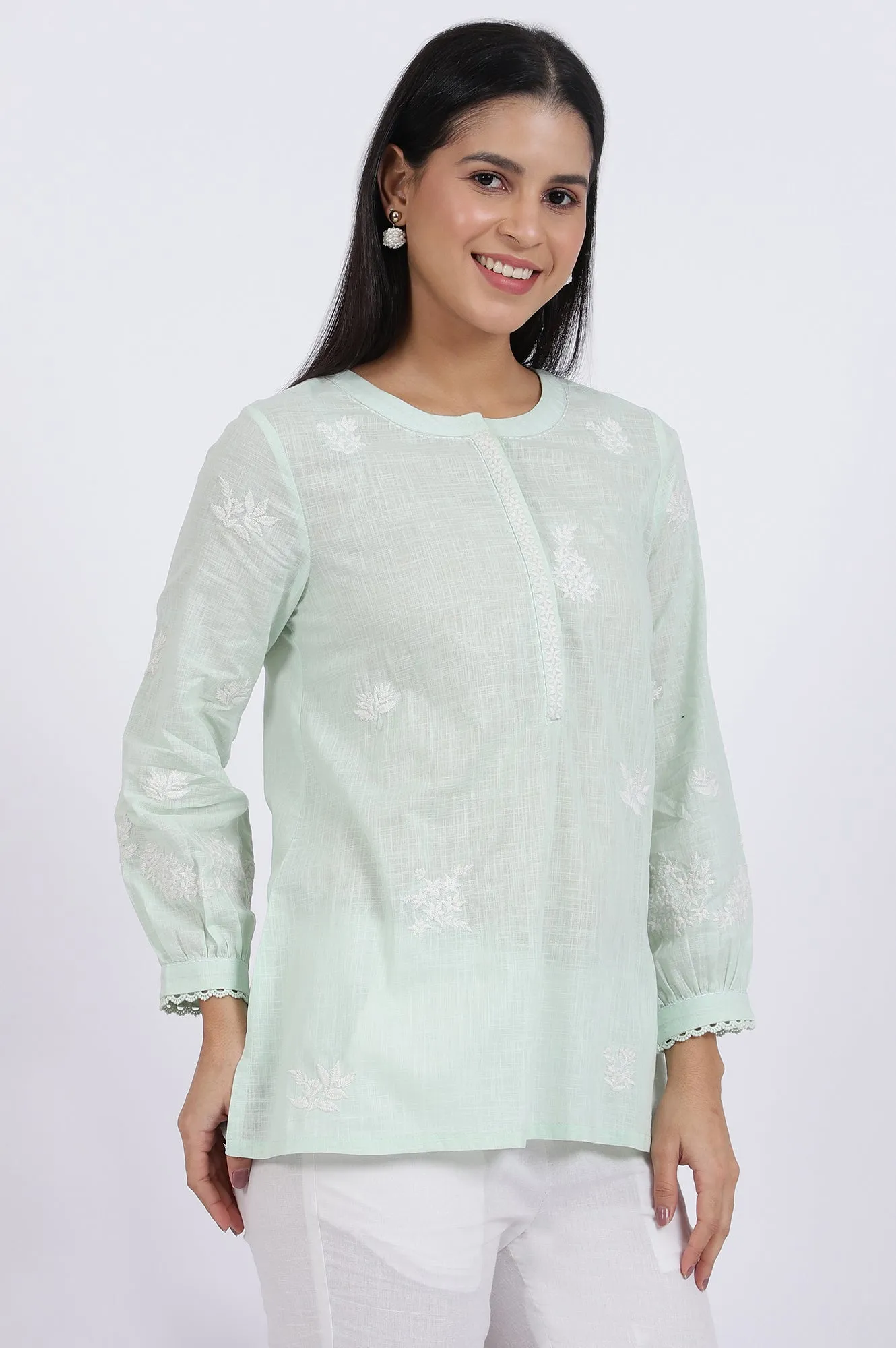 Green Thread Embroidered Straight Pure Cotton Ethnic Top