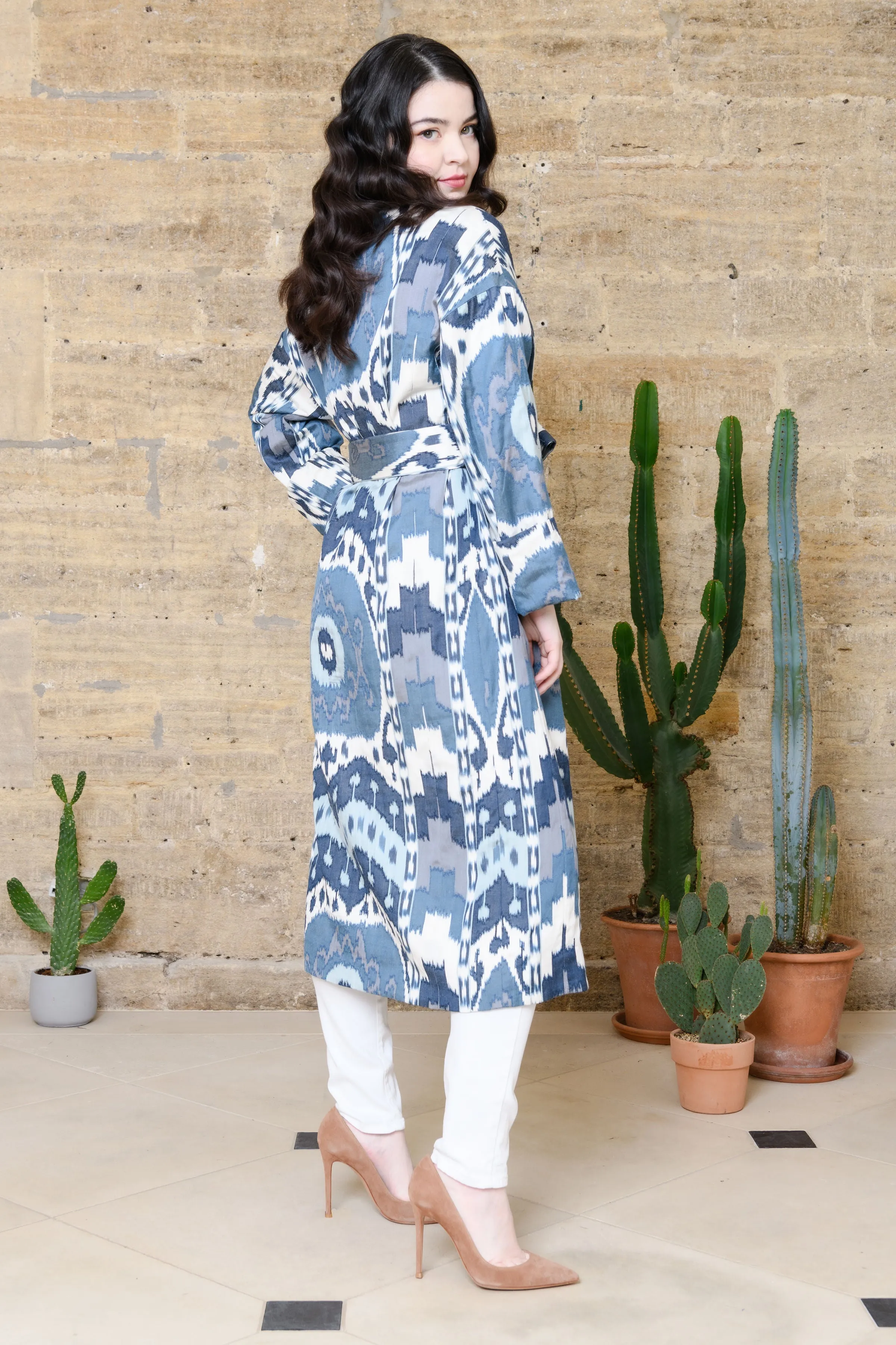 Handwoven Silk Ikat Shawl Coat - Aila - 'Moon'