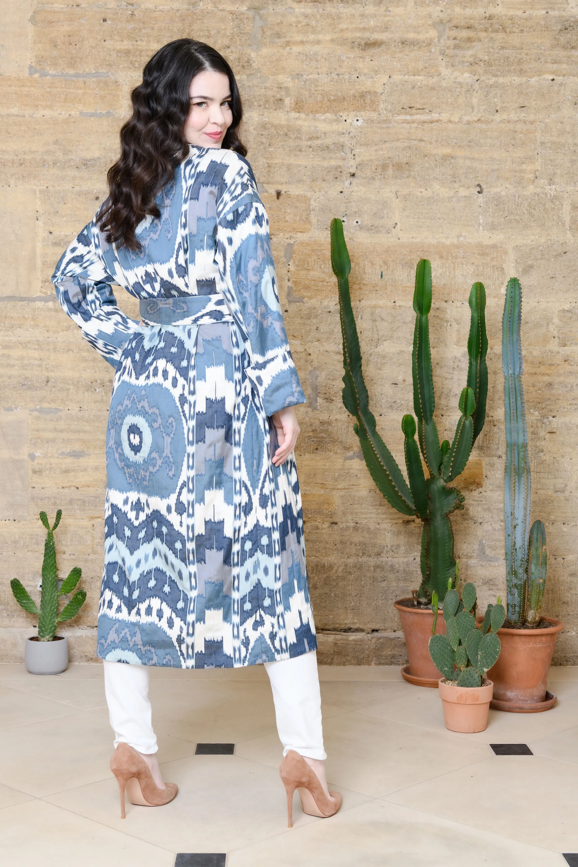 Handwoven Silk Ikat Shawl Coat - Aila - 'Moon'