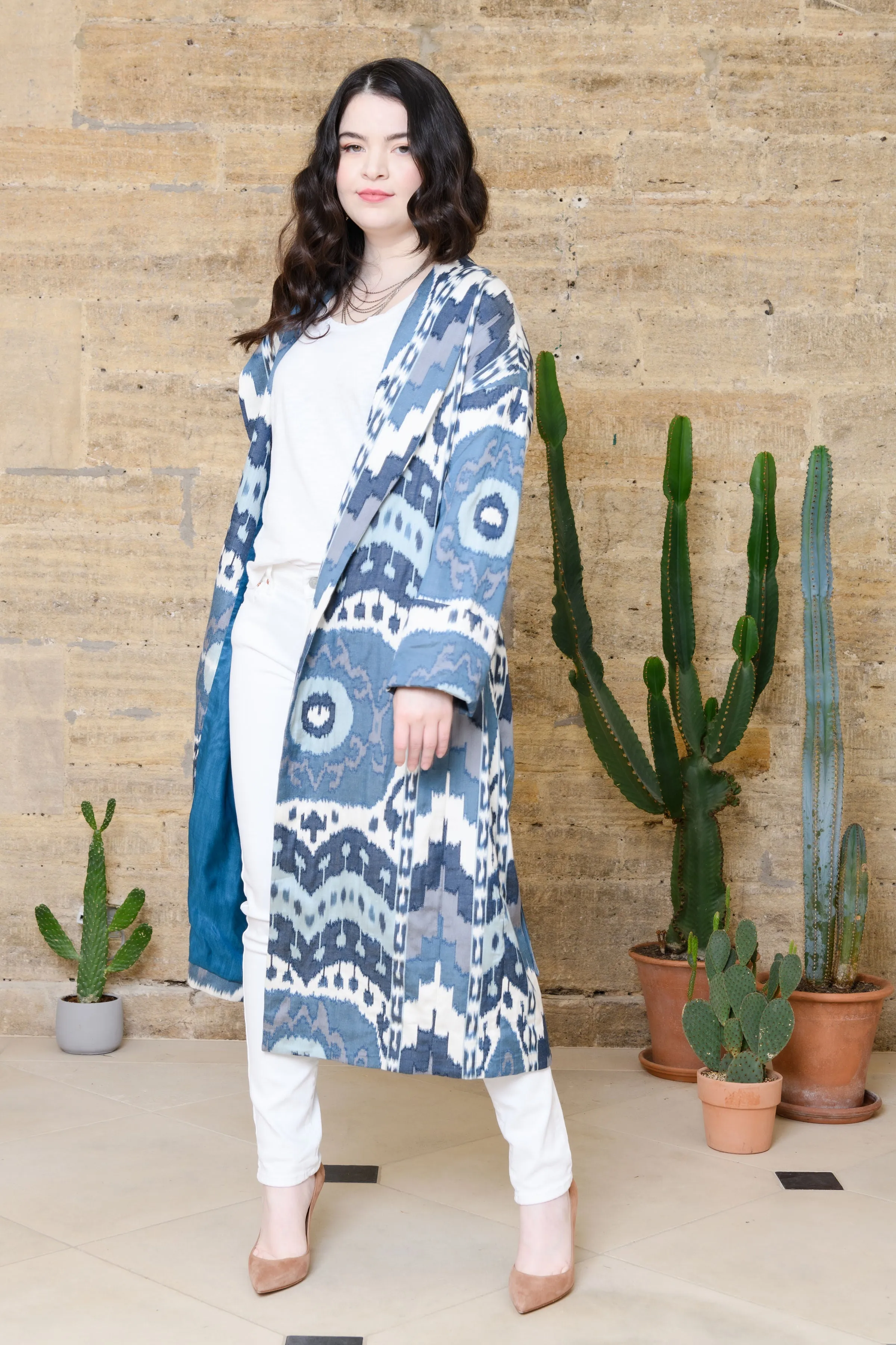 Handwoven Silk Ikat Shawl Coat - Aila - 'Moon'