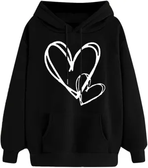Heart Print Hoodies for Women Classic Valentine's Day Long Sleeve Sweatshirt Oversized Drawstring Pullover Pockets