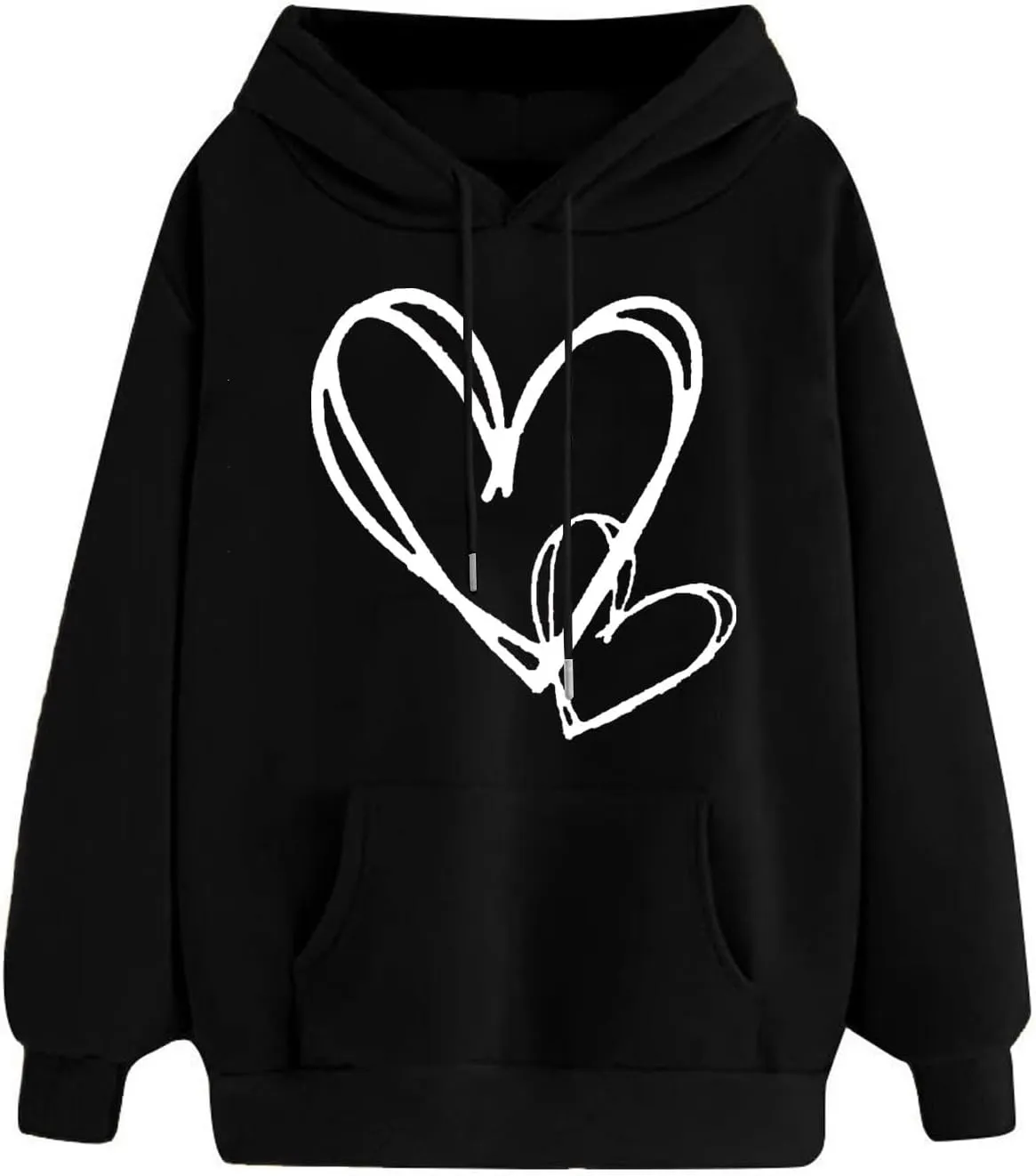 Heart Print Hoodies for Women Classic Valentine's Day Long Sleeve Sweatshirt Oversized Drawstring Pullover Pockets