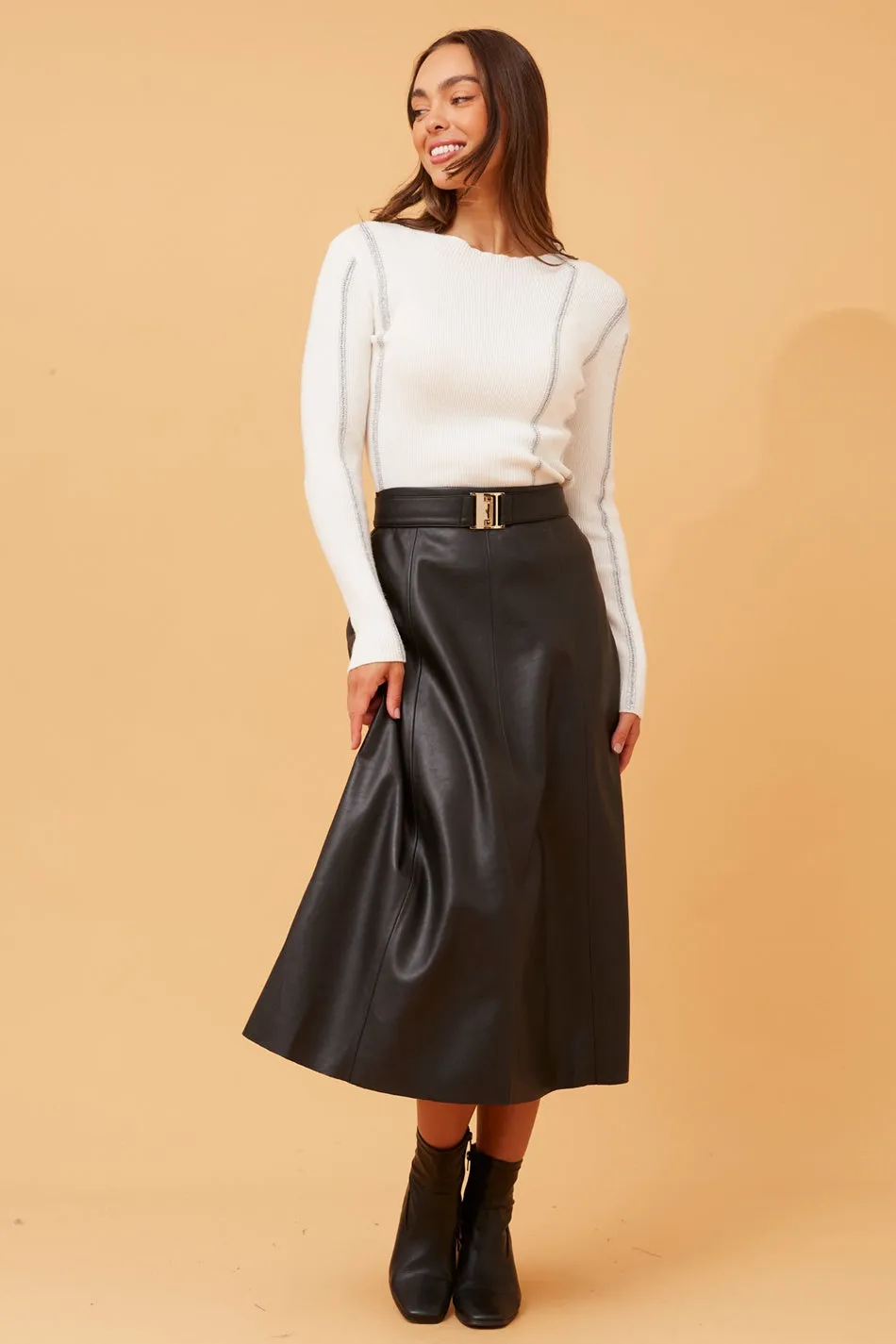 IVETA LEATHER MIDI SKIRT