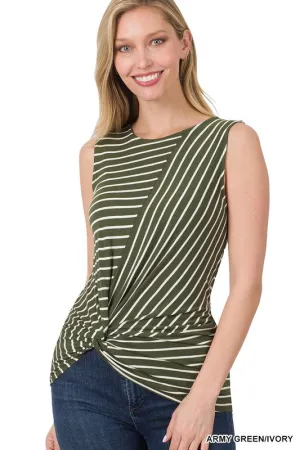 Knot Your Typical Top Sleeveless Army Green/Ivory Stripe