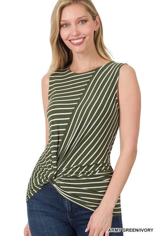 Knot Your Typical Top Sleeveless Army Green/Ivory Stripe