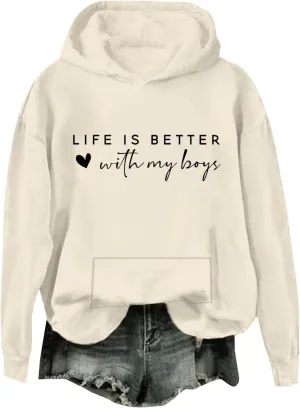 Life Is Better With My Boys Sweatshirt for Women, Mom Life Letter Print Long Sleeve Funny Pullover Hoodie Sweatshirt