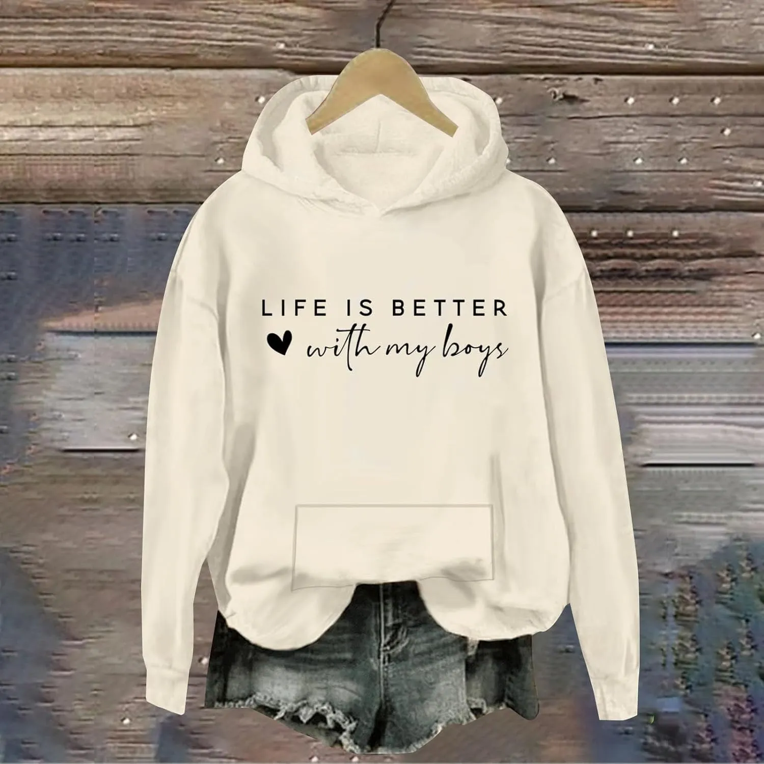 Life Is Better With My Boys Sweatshirt for Women, Mom Life Letter Print Long Sleeve Funny Pullover Hoodie Sweatshirt
