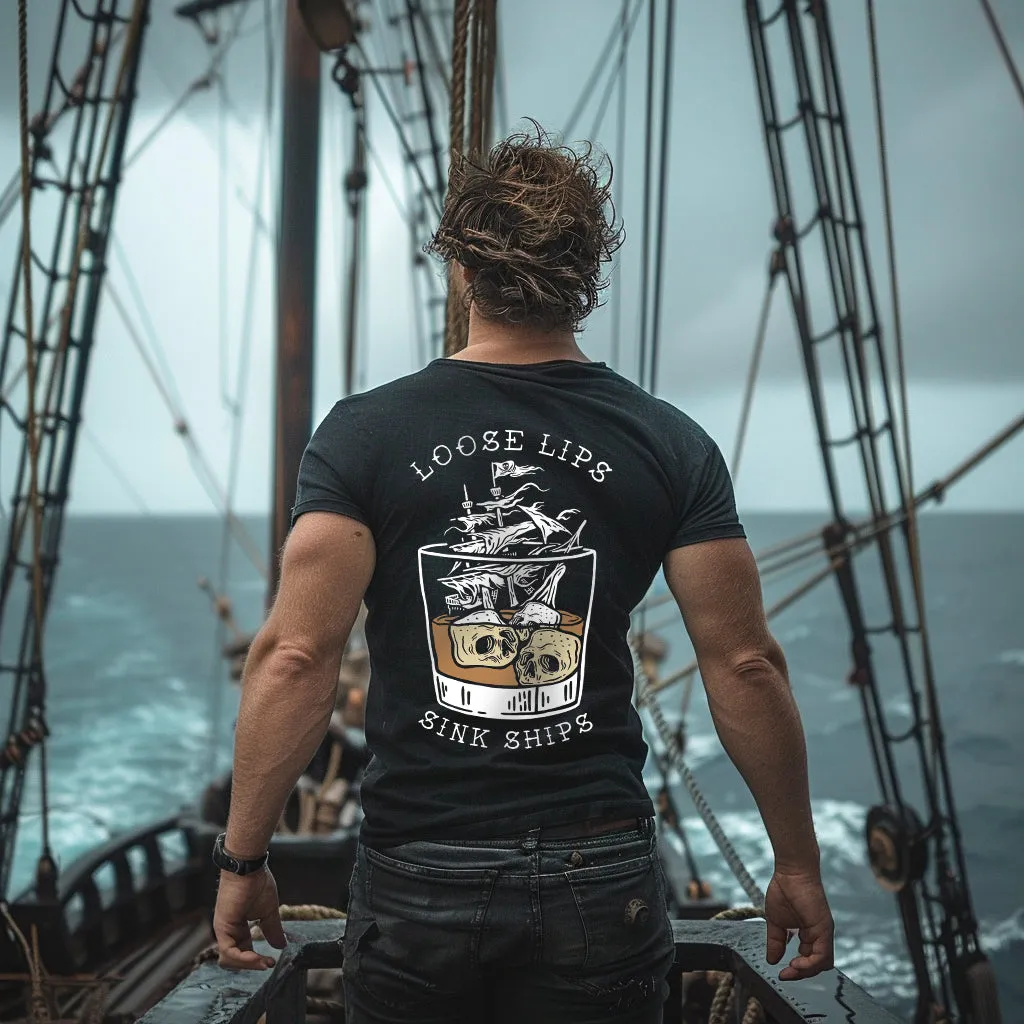 Loose Lips Sink Ships Printed Skull T-shirt