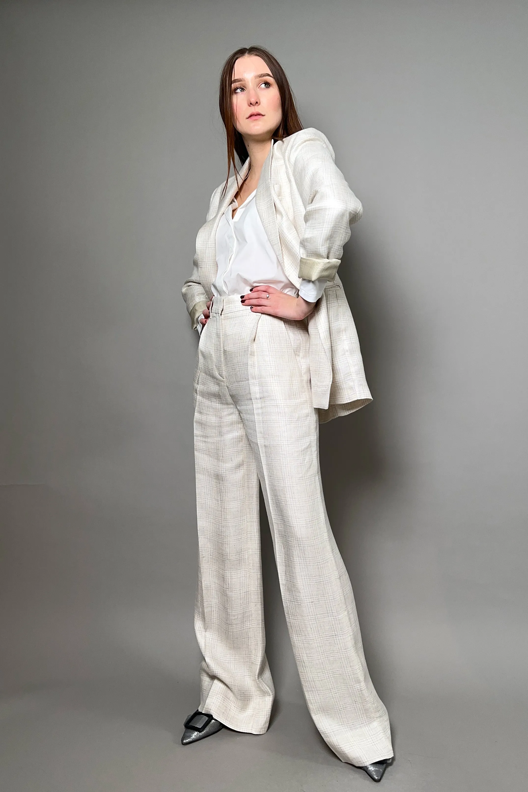 Lorena Antoniazzi Linen Trousers with Soft Check Pattern