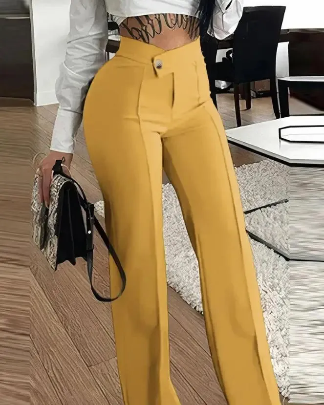 LVSANW Women's Urban Elegant Trousers 2024 Spring Summer Latest Button Straight Legal Work Pants Casual High Waist Versatile Long Pants