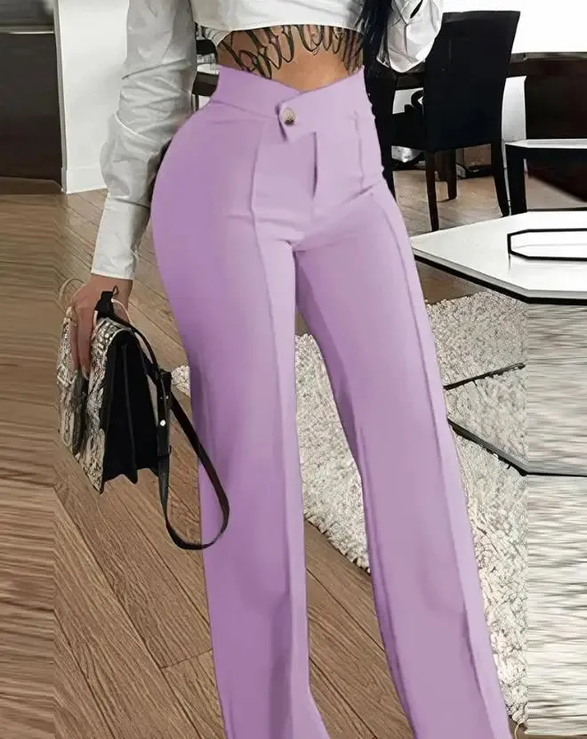 LVSANW Women's Urban Elegant Trousers 2024 Spring Summer Latest Button Straight Legal Work Pants Casual High Waist Versatile Long Pants