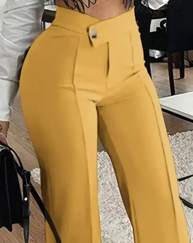 LVSANW Women's Urban Elegant Trousers 2024 Spring Summer Latest Button Straight Legal Work Pants Casual High Waist Versatile Long Pants