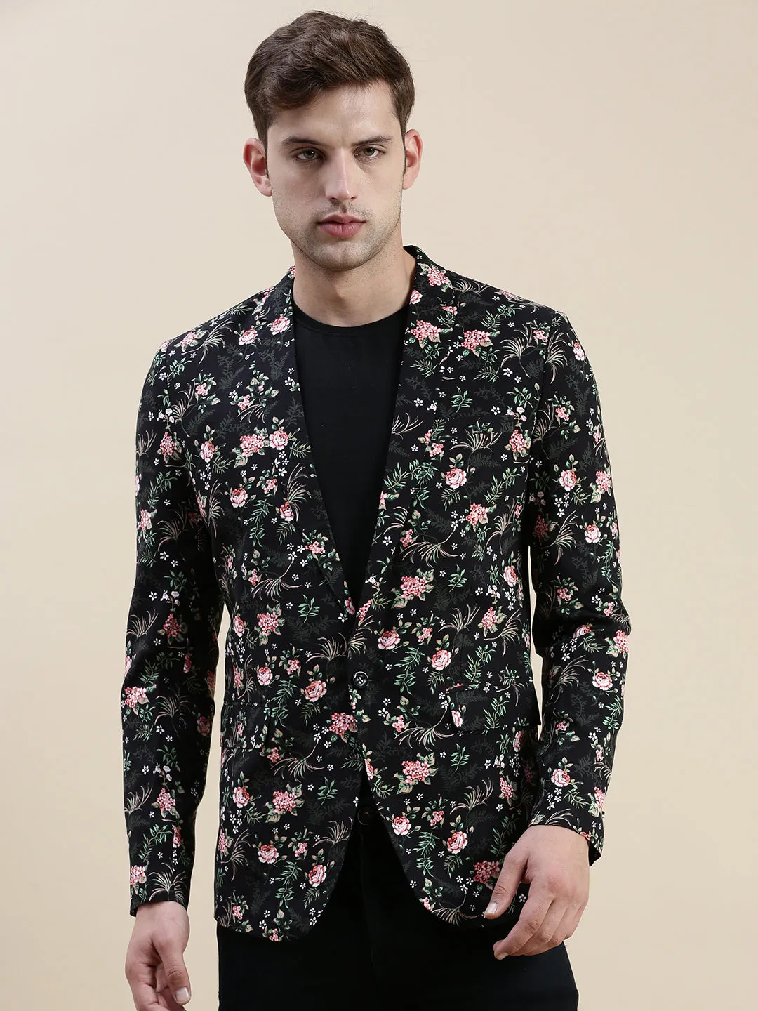 Men Black Printed Cotton Blazers