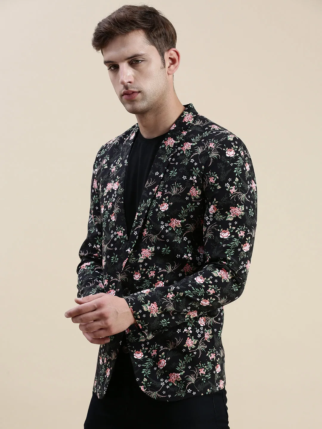 Men Black Printed Cotton Blazers