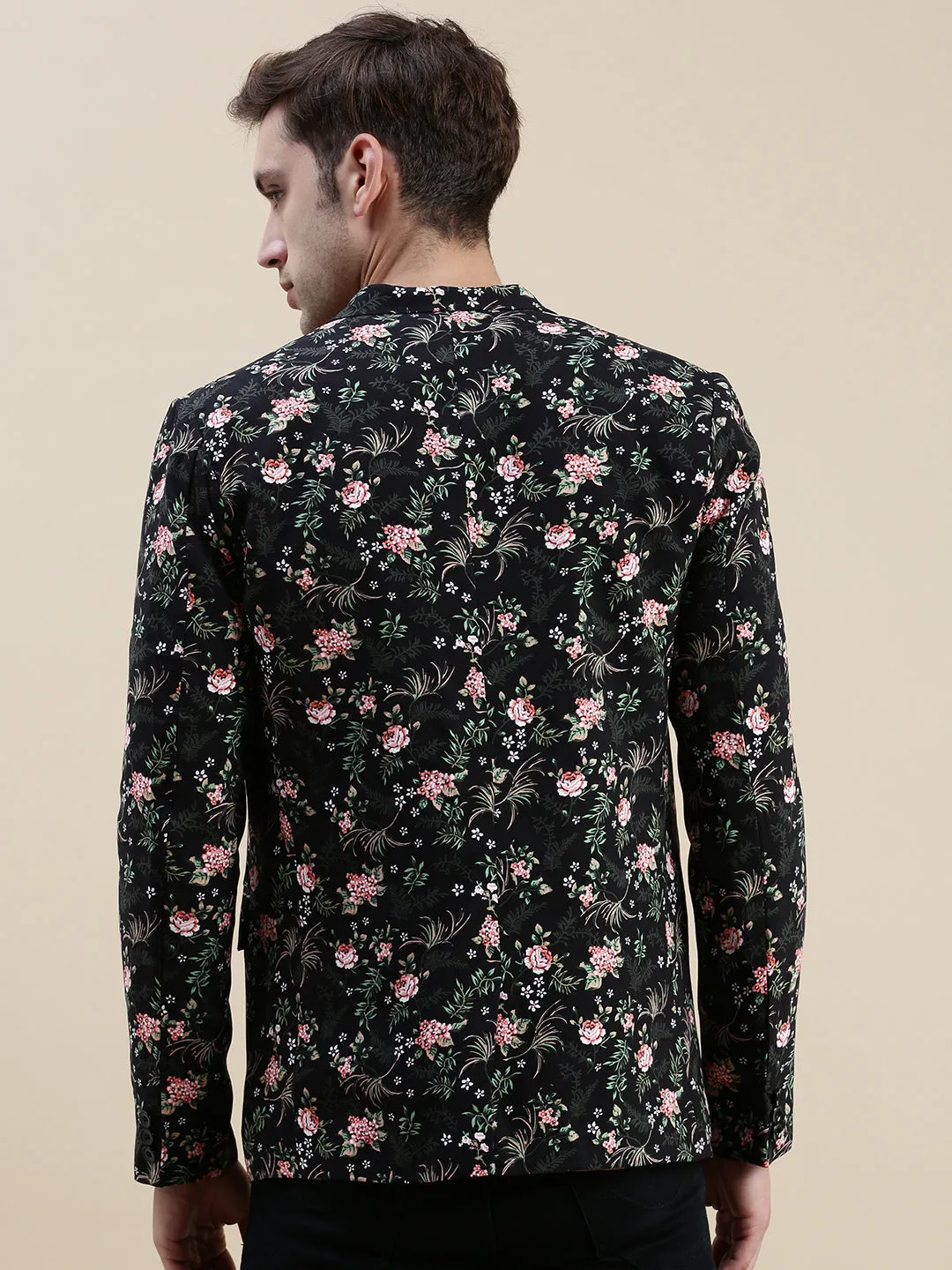 Men Black Printed Cotton Blazers