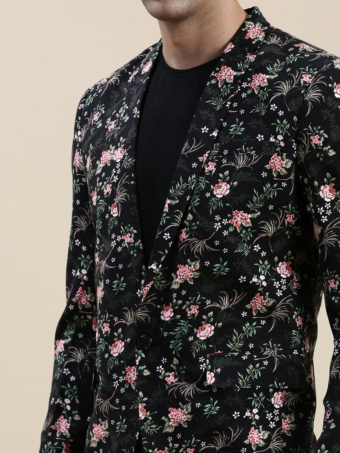 Men Black Printed Cotton Blazers