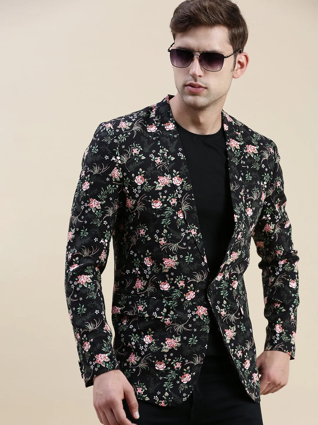 Men Black Printed Cotton Blazers
