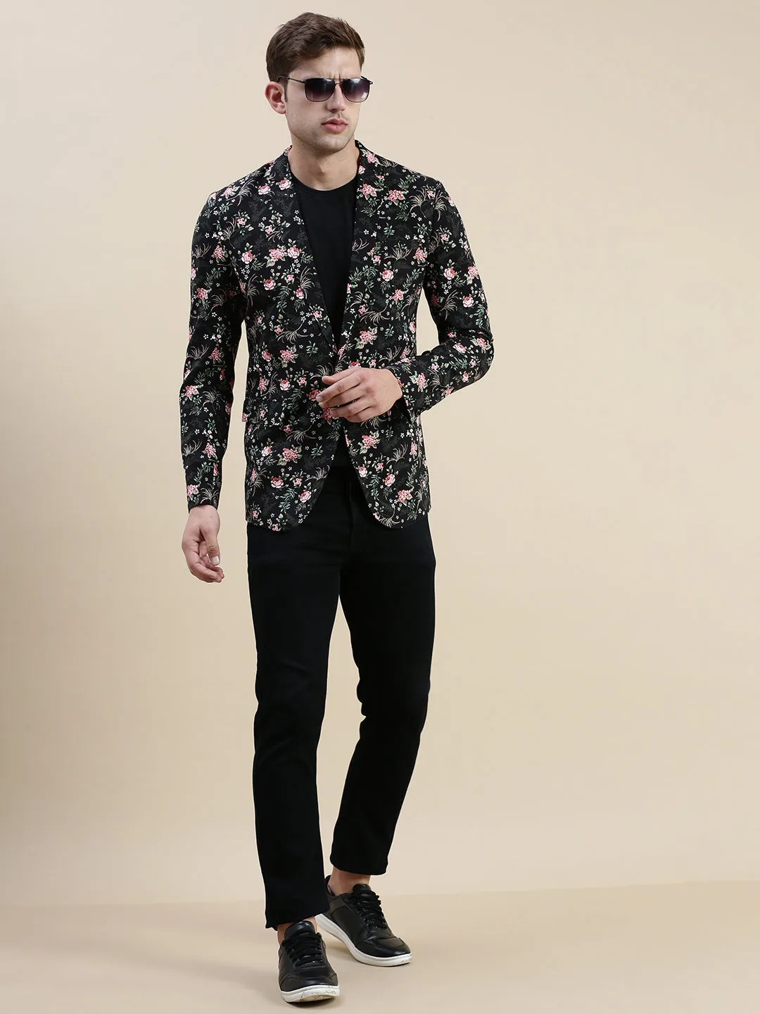 Men Black Printed Cotton Blazers