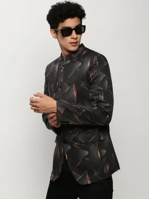 Men Black Printed Mandarin Collar Bandhgala Blazer