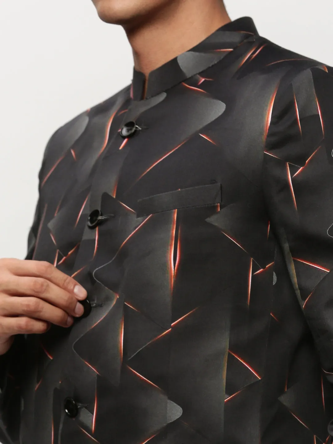 Men Black Printed Mandarin Collar Bandhgala Blazer