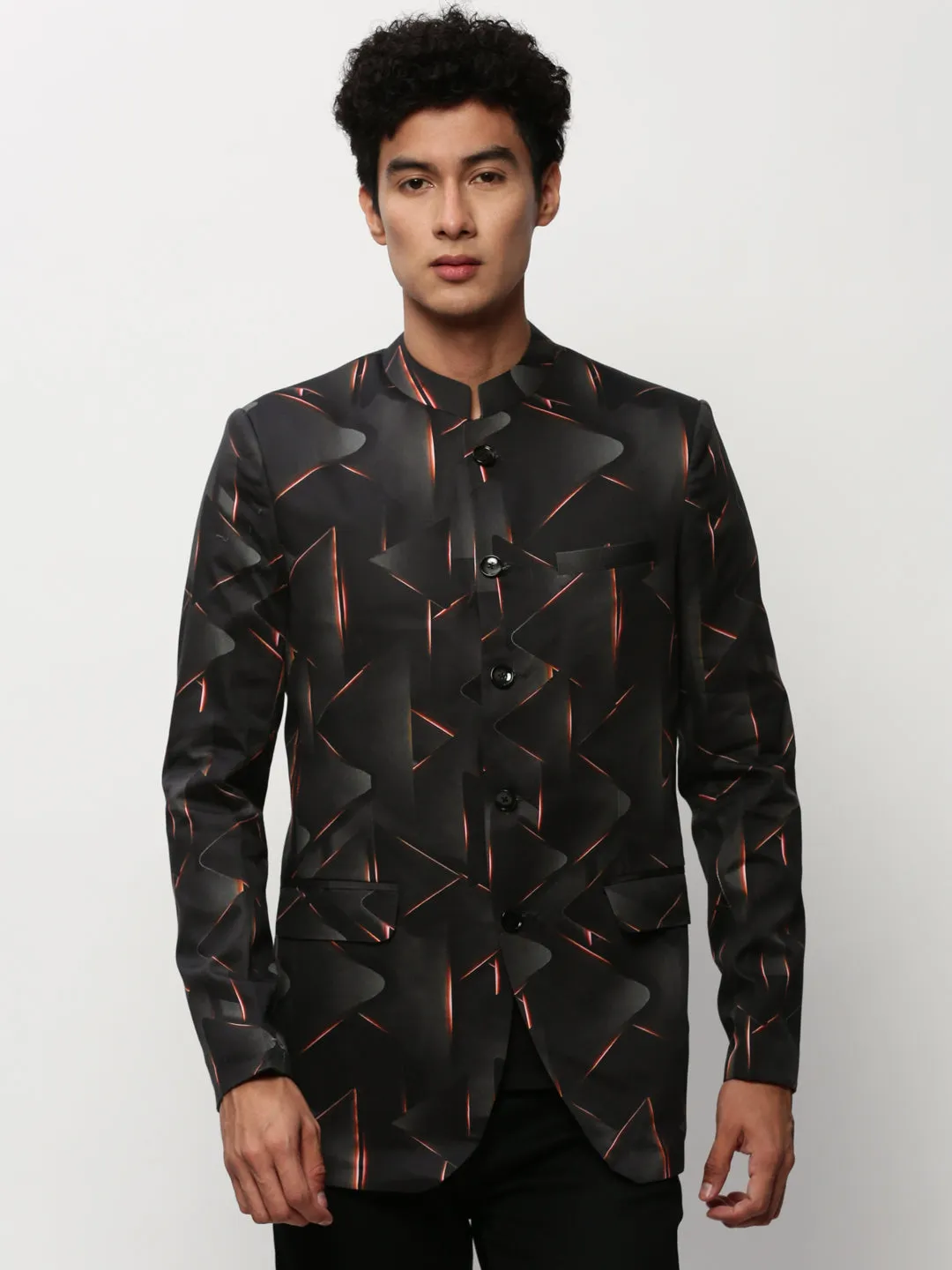 Men Black Printed Mandarin Collar Bandhgala Blazer