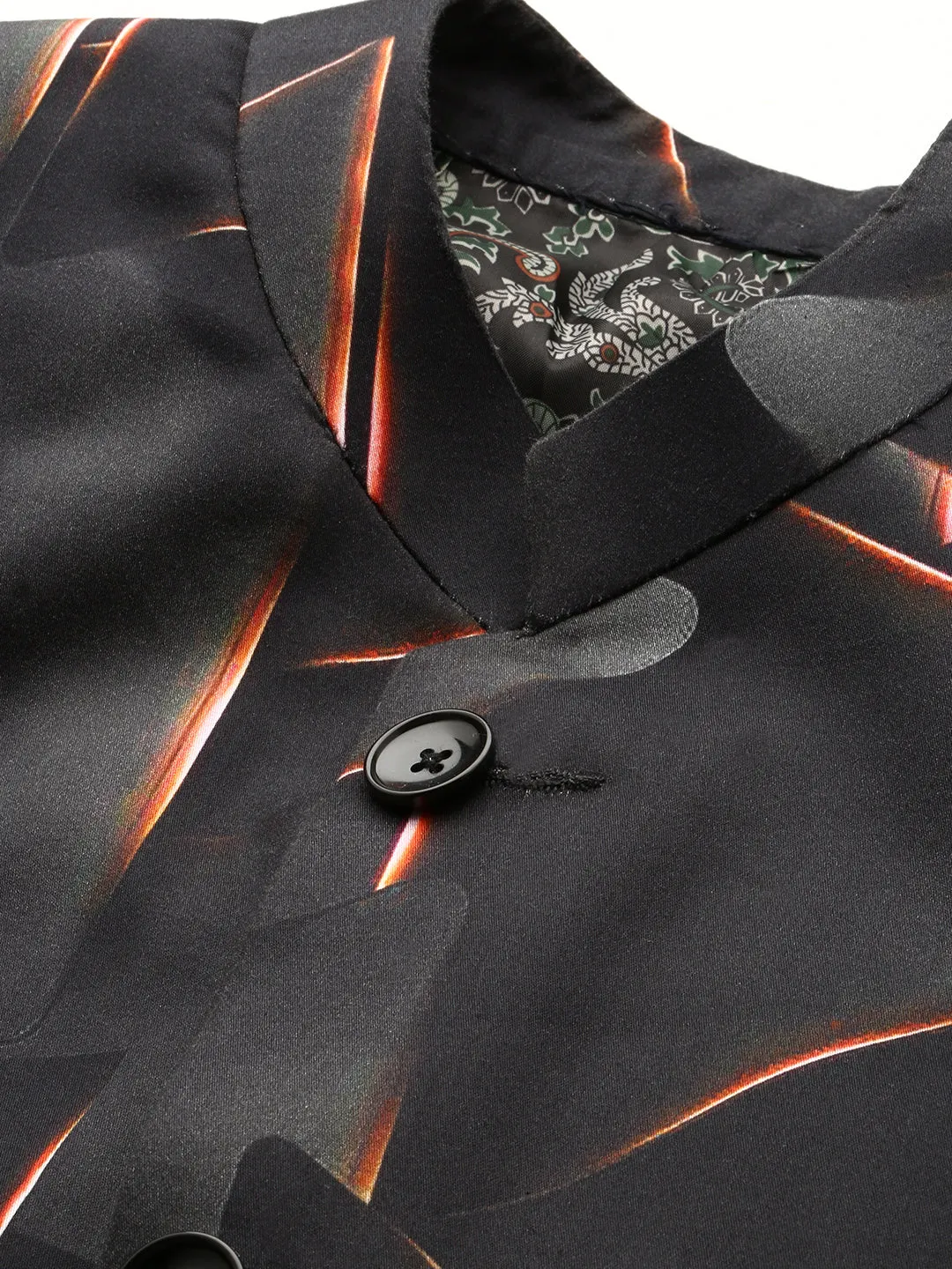 Men Black Printed Mandarin Collar Bandhgala Blazer