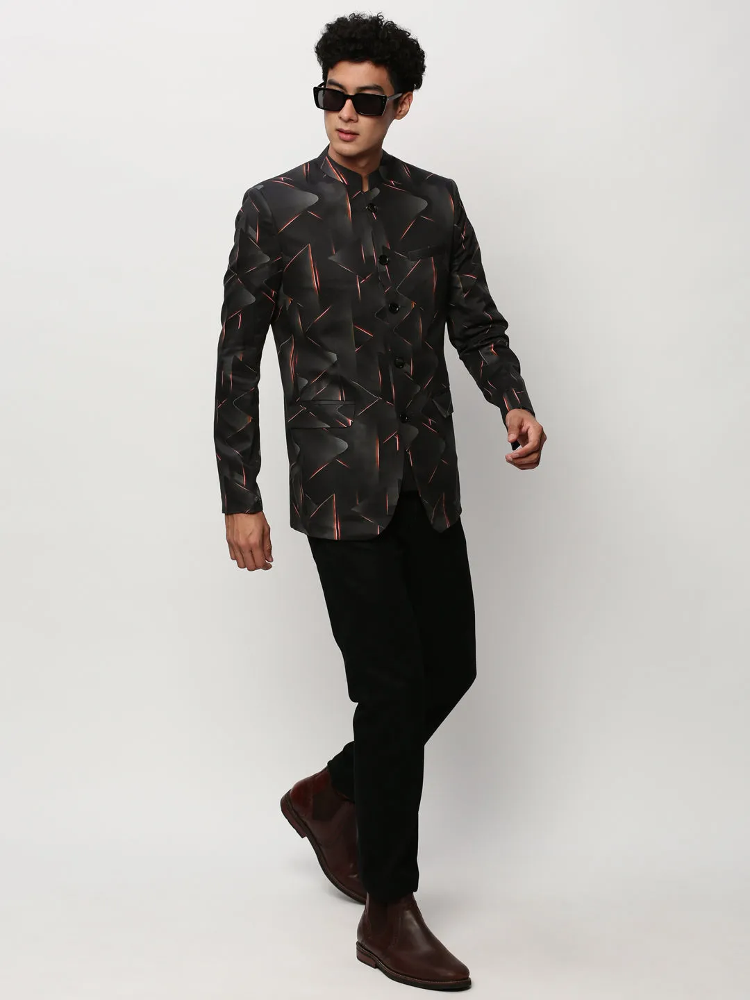Men Black Printed Mandarin Collar Bandhgala Blazer