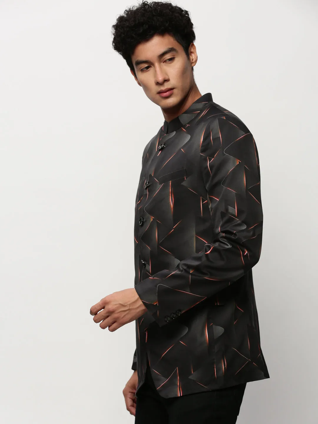 Men Black Printed Mandarin Collar Bandhgala Blazer
