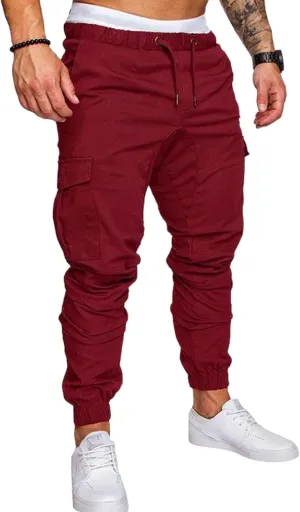 Men's Cargo Pants Solid Color Bandage Sweatpants Drawstring Elastic Waist Cargo Pants Slim Fit Casual Outdoor Trousers