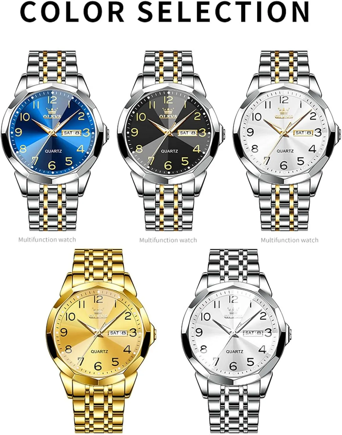 Men's Casual Stainless Steel Watch, Big Face Easy to Read Analog Quartz Watch with Day and Date, Classic Waterproof Diamond Roman Arabic Numerals Dial Dress Watch for Men, Gold Silver Black Band