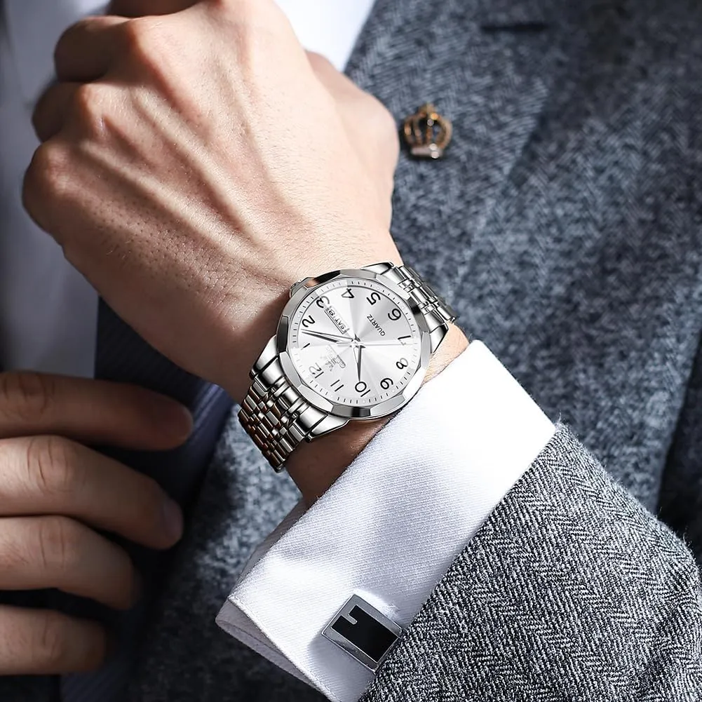 Men's Casual Stainless Steel Watch, Big Face Easy to Read Analog Quartz Watch with Day and Date, Classic Waterproof Diamond Roman Arabic Numerals Dial Dress Watch for Men, Gold Silver Black Band