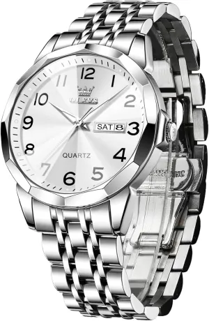 Men's Casual Stainless Steel Watch, Big Face Easy to Read Analog Quartz Watch with Day and Date, Classic Waterproof Diamond Roman Arabic Numerals Dial Dress Watch for Men, Gold Silver Black Band